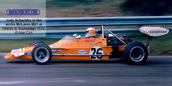 Jody Scheckter in the works McLaren M21 at Oulton Park in September 1972. Copyright Alan Cox 2021. Used with permission. Jody Scheckter in the works McLaren M21 at Oulton Park in September 1972. Copyright Alan Cox 2021. Used with permission.