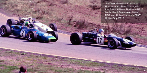 Jim Clark Memorial F2 race at Hockenheim. Piers Courage in the Williams/Brabham BT23 leads Henri Pescarolo, Matra MS7 and Hubert Hahne, BMW. Copyright Jim Culp 2016. Used with permission. Jim Clark Memorial F2 race at Hockenheim. Piers Courage in the Williams/Brabham BT23 leads Henri Pescarolo, Matra MS7 and Hubert Hahne, BMW. Copyright Jim Culp 2016. Used with permission.