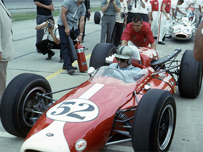 Jack Brabham leaves the pits in his Brabham BT12 at the 1964 Indy 500. Copyright Indianapolis Motor Speedway. Copyright permissions granted for non-commercial use by Indianapolis Motor Speedway. Jack Brabham leaves the pits in his Brabham BT12 at the 1964 Indy 500. Copyright Indianapolis Motor Speedway. Copyright permissions granted for non-commercial use by Indianapolis Motor Speedway.